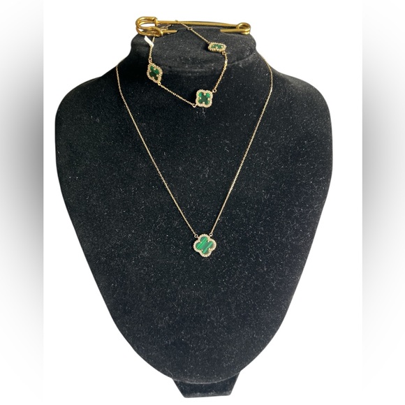 Rachel Zoe Jewelry - Emerald Stone Green Lucky Clover Necklace & Braclet Gold Plated W Zirconia Set